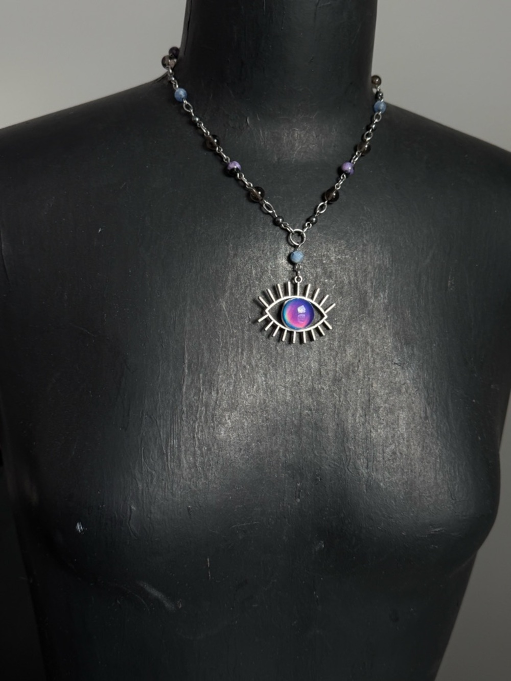 Evil Eye Pendant Necklace with beaded chain and Aurora Opal  - Women Jewelry
